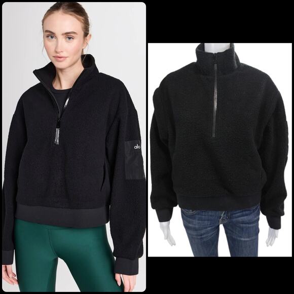 Alo Yoga Micro Sherpa Solstice Coverup Half Zip Pullover Black Mock Neck XS - Picture 1 of 16